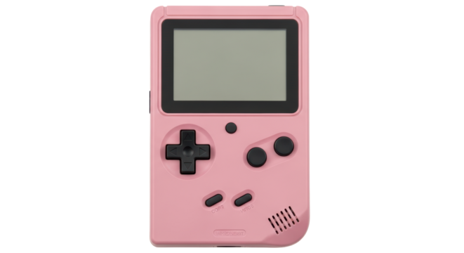 Isolated retro pink handheld gaming console against clean backdrop, 90s vintage style