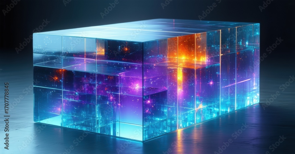 Poster glowing cube structure. bright colors radiate from within, creating vibrant light effects. minimalis