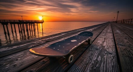 Skateboard on pier at sunrise (1)