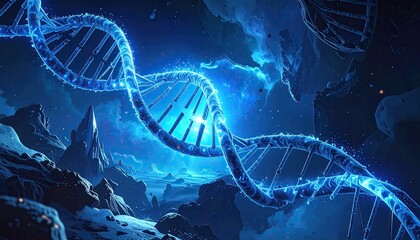 High Tech Digital Brain Hologram with Glowing Synapses Against a Dark Blue Mountainscape Background Concept of Ai and Neuroscience Futuristic