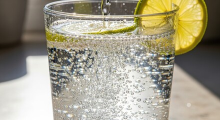Bubbly clear drink in glass with lime slices, backlit by sunlight