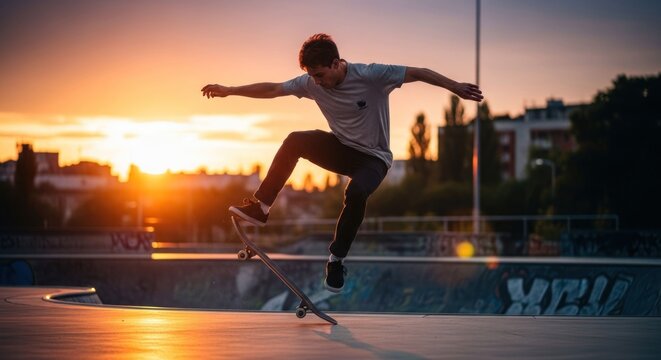 Skateboarder in mid-air sunset