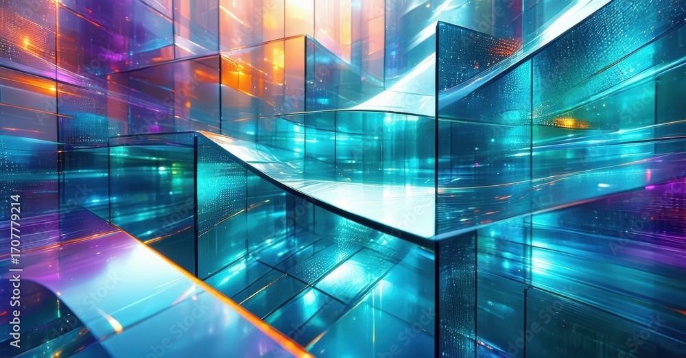 Poster abstract geometric shapes, vibrant colors, futuristic design. light reflects, creating complex visua