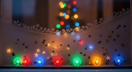 Frosted window adorned with lights and a blurred festive tree