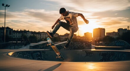 Skater jumps in a bowl at sunset