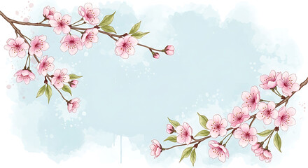 Fototapeta premium Watercolor Cherry Blossom Branches Frame Spring Pastel Background Floral Design