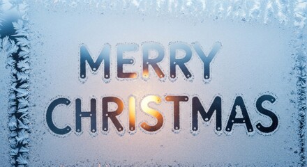 Merry Christmas" on frost-covered window, glowing light inside