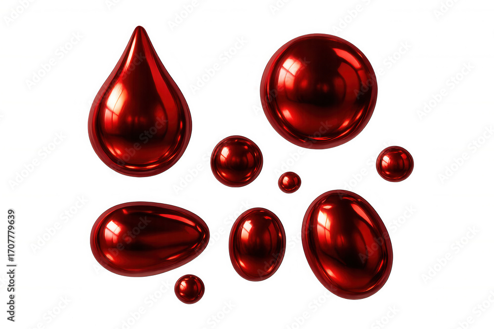 Aufkleber metallic red spheres and droplets floating in digital space, showcasing glossy surfaces and varying 