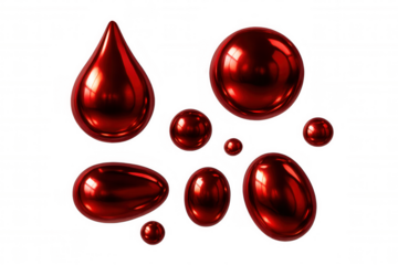 Metallic red spheres and droplets floating in digital space, showcasing glossy surfaces and varying dimensions against transparent backdrop