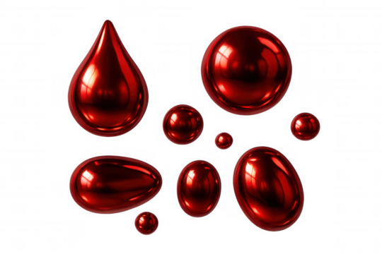 Metallic red spheres and droplets floating in digital space, showcasing glossy surfaces and varying dimensions against transparent backdrop