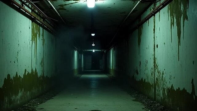Eerie dark hallway with flickering lights and decaying walls, creating a sense of dread and mystery.