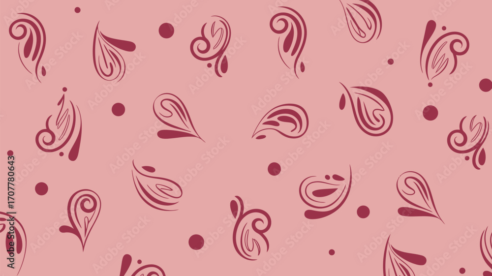 Poster pattern of maroon abstract shapes and dots scattered on a light pink background creating a wallpaper