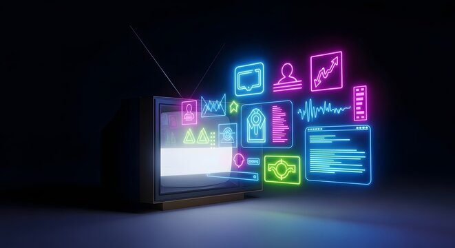 Retro TV with Neon Icons: A Blend of Old and New Technology. - Powered by Adobe