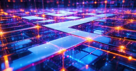 Obraz premium Abstract digital network. Glowing lines connect floating platforms. Futuristic technology concept, vibrant colors, dark background.