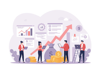 Modern Business Team Planning Financial Growth Strategy – Flat Style Vector Illustration with Charts, Graphs, Money Bag, Coins, Laptop, Arrow, Office Elements – Editable Design for Presentation.