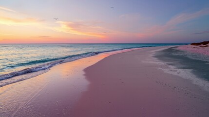 Obraz premium A tranquil beach scene at sunset, showcasing a serene shoreline with a pale pink sand beach and a calm turquoise ocean.