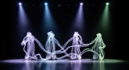 Stage performance four figures with swirling smoke-like trails under colored spotlights