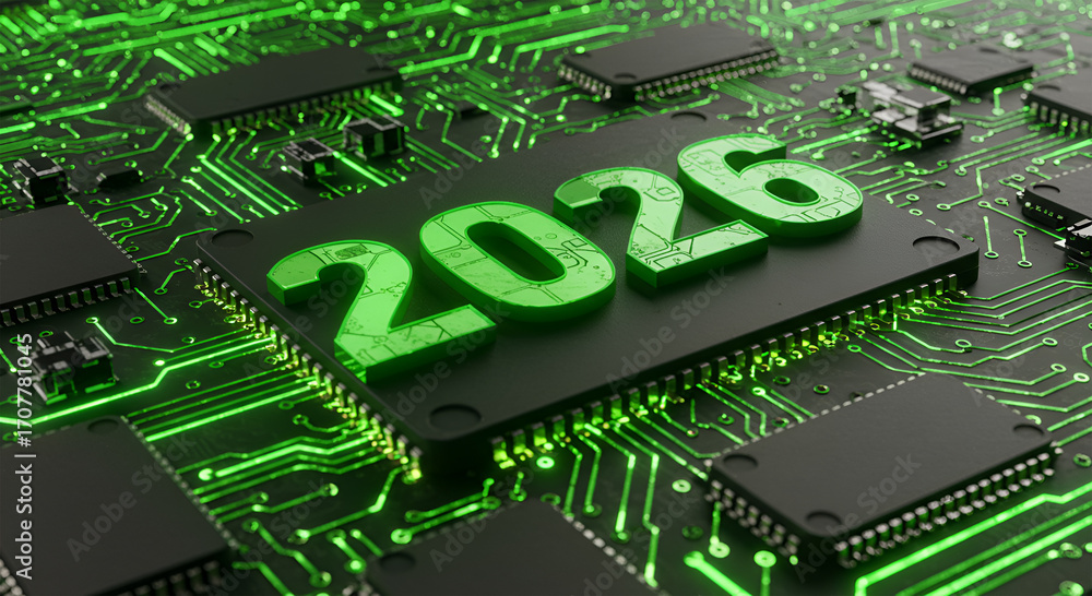 Poster a close-up view of a computer chip with the year 2026 illuminated in green.