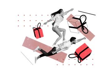 Composite photo collage of two happy girl guy fly present box bargain celebration shopping anniversary isolated on painted background