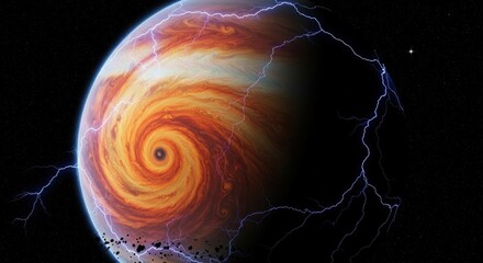 Swirling gas giant planet with lightning, rings, and distant stars, set against a dark, cosmic backdrop