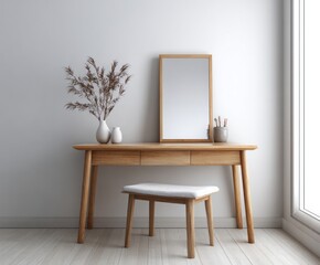A light-filled room features a simple, light-colored wooden vanity with a matching stool, a framed mirror, and a delicate dried-flower arrangement.