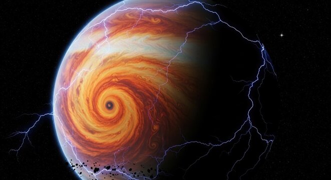 Swirling gas giant planet with lightning, rings, and distant stars, set against a dark, cosmic backdrop - Powered by Adobe