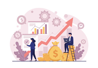 Modern Business Team Planning Financial Growth Strategy – Flat Style Vector Illustration with Charts, Graphs, Money Bag, Coins, Laptop, Arrow, Office Elements – Editable Design for Presentation.