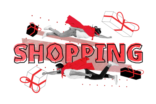 Composite photo collage of two serious girl guy wear superhero costume shopping present box sale promo isolated on painted background