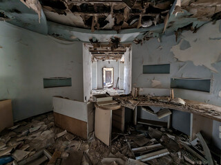 ruined street and destroyed houses the city Kiev war in Ukraine