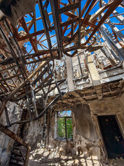 ruined street and destroyed houses the city Kiev war in Ukraine