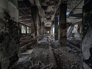 ruined street and destroyed houses the city Kiev war in Ukraine
