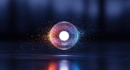 Floating sphere of light, particles, dark background