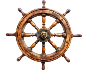 Antique rusty ship steering wheel detailed close up isolated isolated on white background ,PNG.AI Generated.