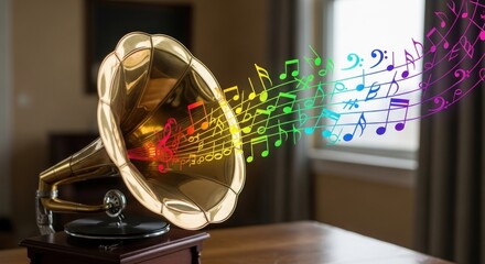 Golden horn gramophone projecting swirling, colorful music notes into a softly-lit room