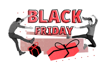 Composite photo collage of two angry girl guy fight shopaholic judo black friday sale bargain quarrel isolated on painted background