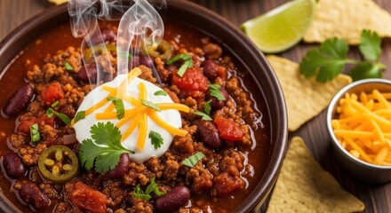 Bowl of steamy chili, topped with sour cream, cheese, lime and chips