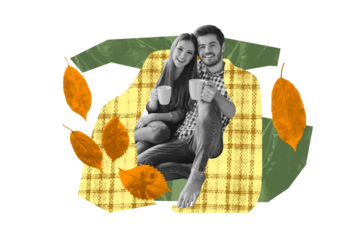 Composite photo collage of two happy girl guy hug together cover blanket autumn movie atmosphere love isolated on painted background