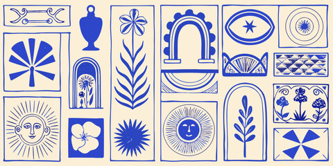 Collection of charming blue line art illustrations featuring sun faces flowers and abstract shapes on a cream background