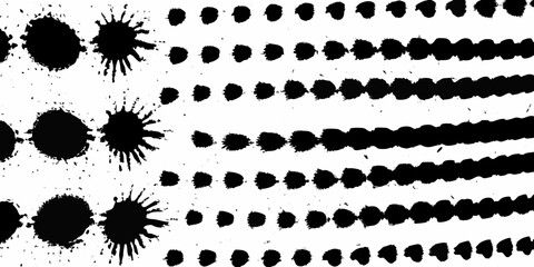 Abstract black ink splatters and dotted lines arranged in rows on a white background