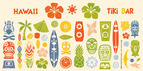 Vibrant hawaiian tiki bar illustration featuring tropical icons and text © Ankan