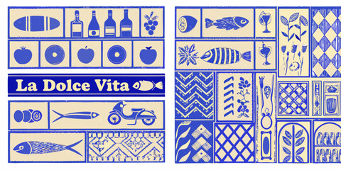 La dolce vita italian lifestyle collage with food drink scooter and decorative patterns