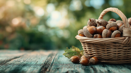 Wicker basket filled with acorns on wooden table in nature  