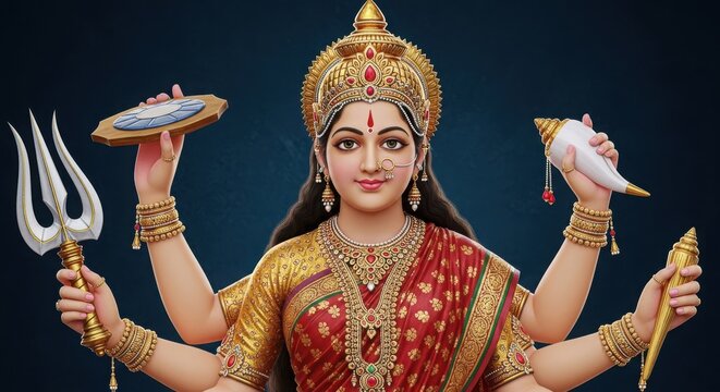Illustration of goddess durga, a multiarmed hindu deity, holding various weapons and symbols against a dark blue background