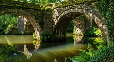 Stone bridge arches over a river, moss covered, with green foliage. Peaceful, serene nature scene