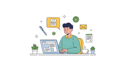 A young man is sitting at a desk and working on his laptop, with various office supplies and plants around him.