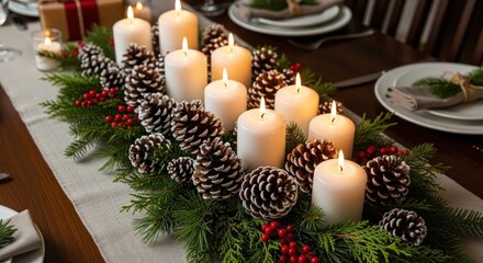 Festive table setting candles, pinecones, greenery & red berries