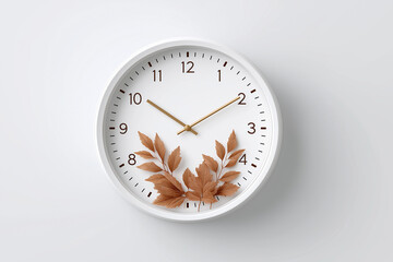 Minimalist clock with autumn leaves design on white background  