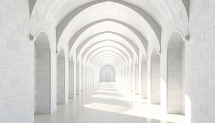 Fototapeta premium Long, white corridor with arched ceilings and bright light shining from the end, creating a sense of depth and perspective.