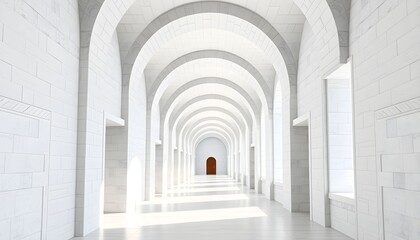 Obraz premium A long, white arched hallway with a perspective view, leading to a distant door.