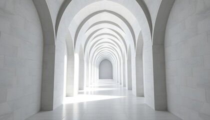 A long, bright, white corridor with arched ceilings and natural light.